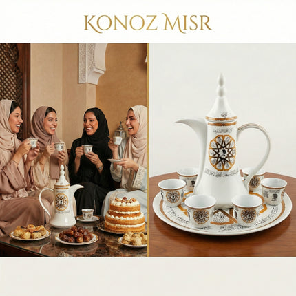  طقم دلة المجالس الراقية من بورسلين فتحي محمود - أكواب كبيرة بغطاء وصواني تقديم بتصميم تراثي كلاسيكي للضيافة العربية الأصيلة من كنوز مصر
