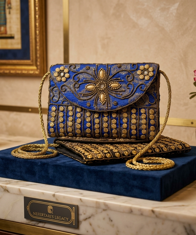 تفاصيل التطريز اليدوي الفاخر بالخرز والكريستال - شنطة كنوز نفرتاري الملكية صناعة يدوية مصرية

