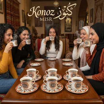  الألوان البرتقالية والسوداء الأنيقة مع التصميم الهندسي لطقم فناجين مجد التراث