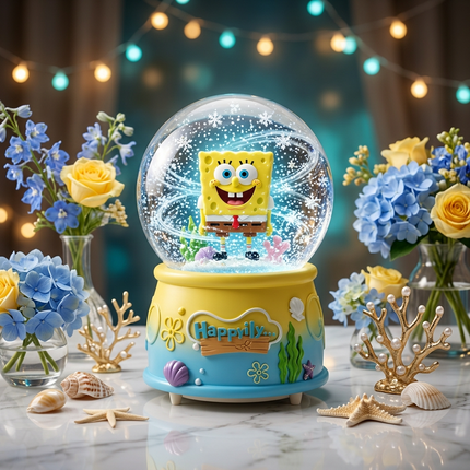 كرة ثلج مبهجة بشخصية سبونج بوب سكوير بانتس (SpongeBob) الأصفر الشهير بضحكته العريضة ورباط العنق الأحمر - يقف وسط شعاب مرجانية ملونة داخل كرة زجاجية مع دوامة ثلج وجليتر أزرق وأبيض - قاعدة صفراء وزرقاء بتصميم قاع البحر وكلمة Happily بارزة - محاط بورود صفراء وزرقاء - هدية مرحة للأصدقاء من كنوز مصر
