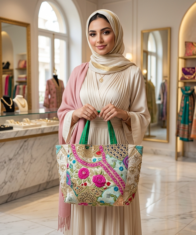 موديل محجبة أنيقة ترتدي حجاب بيج ذهبي وفستان كريمي بليسيه وشال وردي تقف في متجر فاخر وتحمل شنطة حديقة الملكة الذهبية - حقيبة توت كبيرة بتطريز ثلاثي الأبعاد فاخر مع ورود مجسمة بارزة باللونين الوردي الفوشيا والأحمر القرمزي وتطريز بيزلي ذهبي ضخم بخيوط Zari المعدنية وأنماط هندسية ملونة ويدين من الساتان الأخضر الزمردي وسحاب ذهبي علوي كامل - شنطة ملكية فاخرة للمناسبات والتسوق من كنوز مصر
