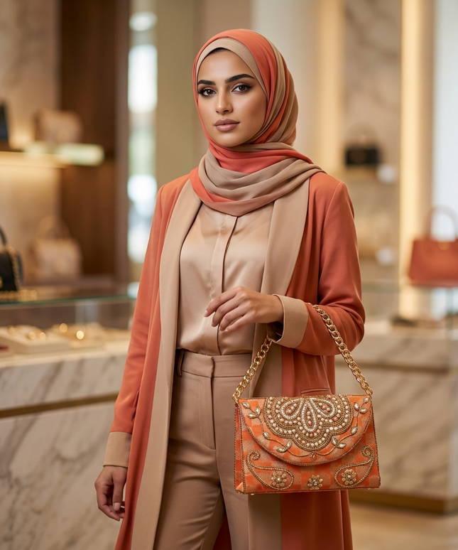 شنطة كنوز شهرزاد الساحرة حقيبة كتف برتقالية كورال مطرزة يدوياً بالخرز الذهبي واللؤلؤ - صناعة يدوية مصرية من كنوز مصر
