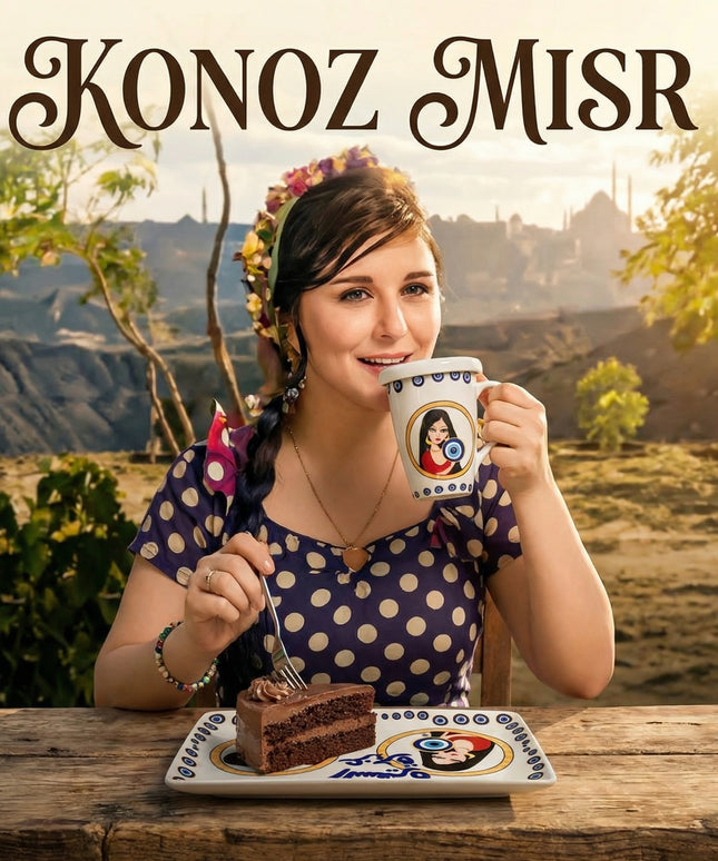 تصميم تراثي ريفي لطقم السفيرة عزيزة بألوان ترابية دافئة على بورسلين فتحي محمود عالي الجودة
