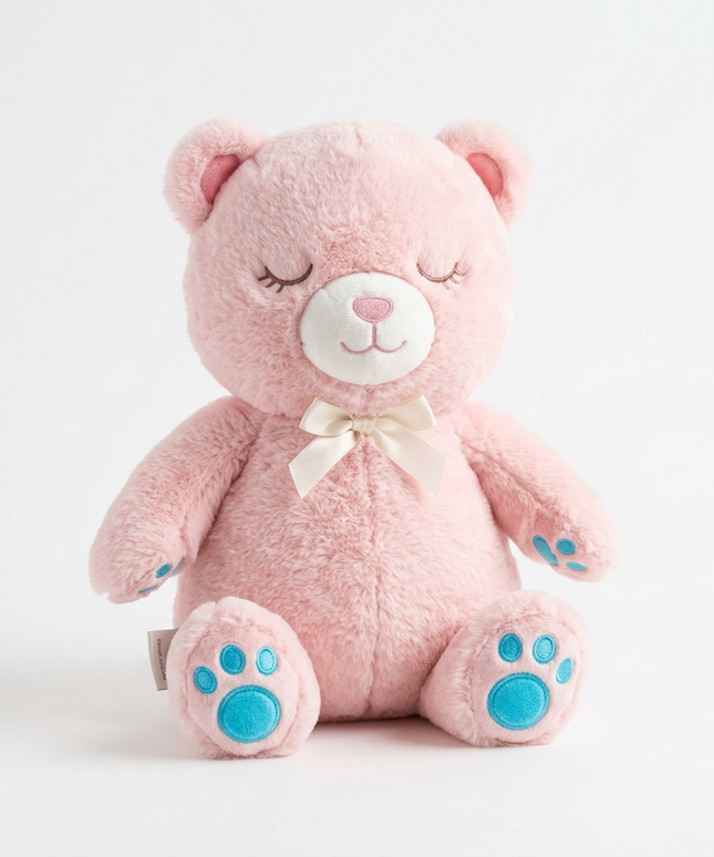 روز الحلم الدب الوردي النائم من مجموعة أحضان الأحلام الملونة - لون وردي فاتح هادئ - عيون مغلقة مطرزة برموش سوداء - ابتسامة هادئة - فيونكة كريمية أنيقة - كفوف وردية فاتحة - بصمات أقدام تركوازية مطرزة - قطيفة ناعمة جداً - تصميم يعبر عن النوم الهادئ - خلفية بيضاء - كنوز مصر
