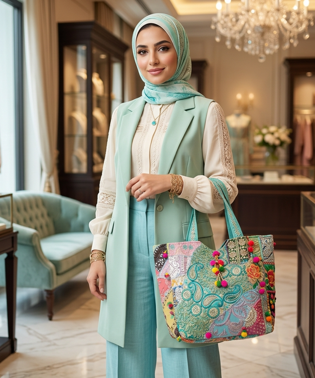 موديل محجبة أنيقة في متجر فاخر ترتدي حجاب تركواز وجاكيت تركواز راقي وقلادة فيروزية وتحمل شنطة فيروز السلطانة من كنوز مصر – حقيبة توت كبيرة بباتشوورك بوهيمي بقطع قماشية فاخرة بنقوش بيزلي شرقية وزهور مطرزة بخيوط ذهبية وبوم بوم ملونة ومقابض مطرزة، مناسبة للعمل والمناسبات والهدايا الراقية