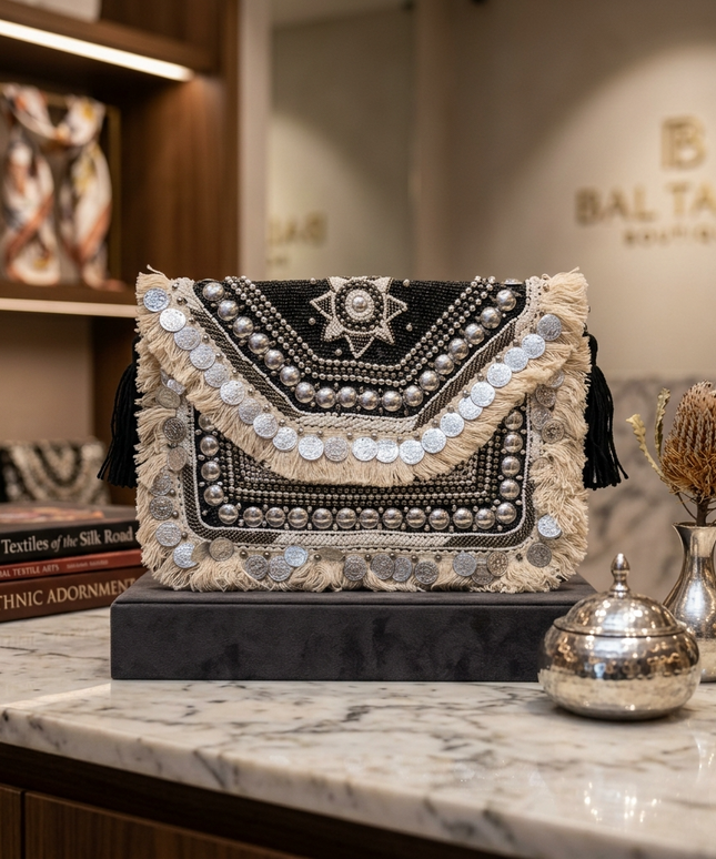 شنطة "كليوباترا السيوية" 👜 كلاتش بوهيمية فاخرة بتطريز يدوي وعملات فضية - شراشيب أنيقة وتصميم تراثي عصري - مثالية للسهرات والخروجات من كنوز مصر