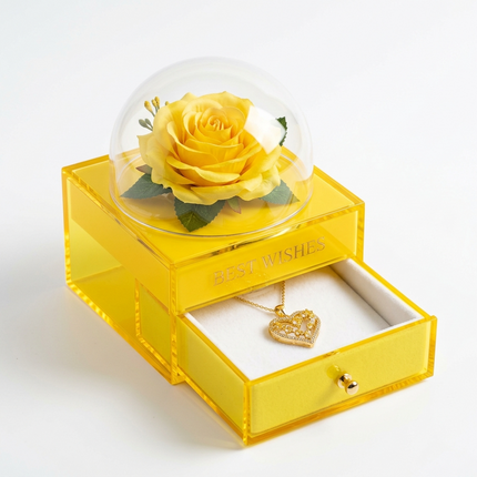 صندوق أزهار الخلود الأصفر الذهبي من كنوز مصر - وردة صفراء طبيعية محفوظة بتقنية Preserved Flower داخل قبة زجاجية واقية - صندوق أكريليك شفاف مع نقش ذهبي BEST WISHES - درج مخفي يحتوي على قلادة ذهبية بدلاية قلب مرصع - إضاءة LED ذهبية دافئة - هدية البهجة والصداقة الراقية
