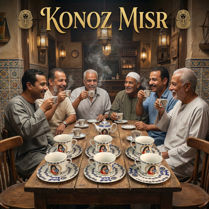 فناجين بورسلين بيضاء بنقوش عربية وذهبية أنيقة - طقم حكاية مصرية الفاخر
