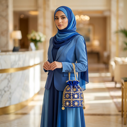 شنطة ياقوتة البحر الأزرق - باطوة مخمل أزرق ملكي عميق مطرزة يدوياً بتطريز Zardozi ذهبي ونمط هندسي إسلامي معقد مع مرايات كريستالية كبيرة دائرية ومربعة - تطعيمات ذهبية بارزة - شنطة مناسبات رسمية وسهرات ملكية فاخرة من كنوز مصر
