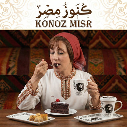 طقم فيروز الفني من بورسلين فتحي محمود - أكواب كبيرة بغطاء وصواني تقديم بتصميم عصري راقي لعاشقات الأناقة والفن من كنوز مصر
