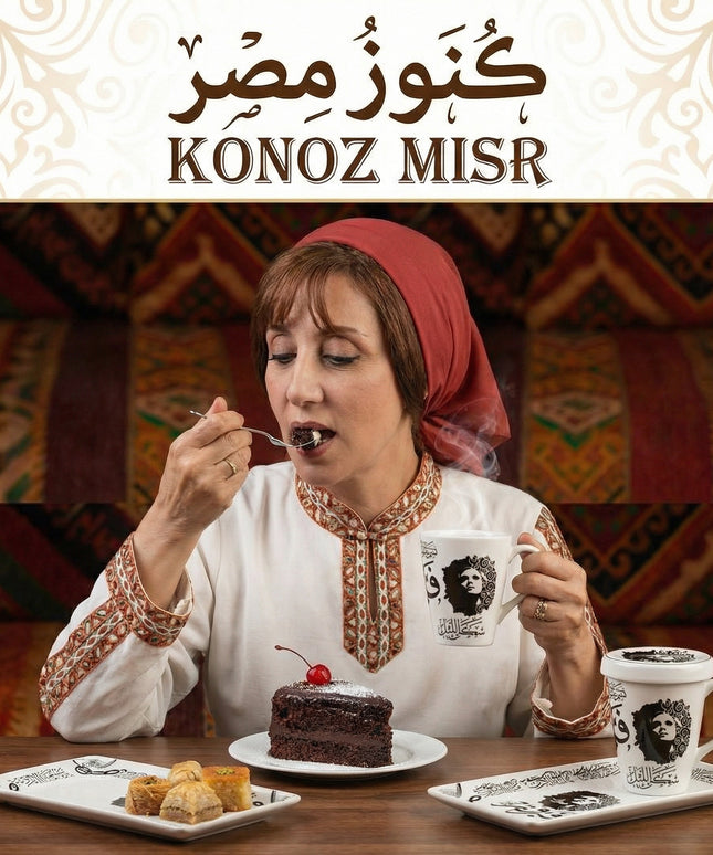 طقم فيروز الفني من بورسلين فتحي محمود - أكواب كبيرة بغطاء وصواني تقديم بتصميم عصري راقي لعاشقات الأناقة والفن من كنوز مصر
