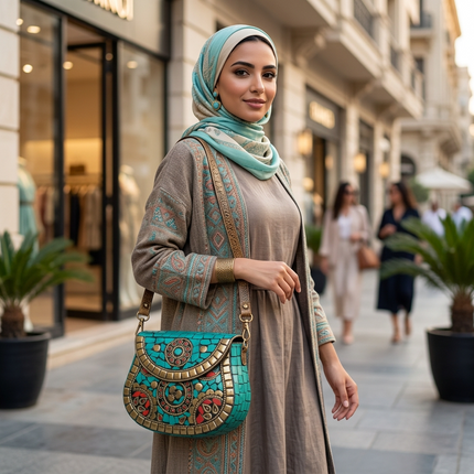 تفاصيل قريبة لشنطة فيروزة النيل السحرية - كلاتش موزاييك فرعوني بأحجار فيروز مصري طبيعي وتطعيمات ذهبية ثلاثية الأبعاد مع نقوش حلزونية وأحجار ياقوت حمراء على قاعدة مخملية خضراء - تحفة فنية يدوية من كنوز مصر
