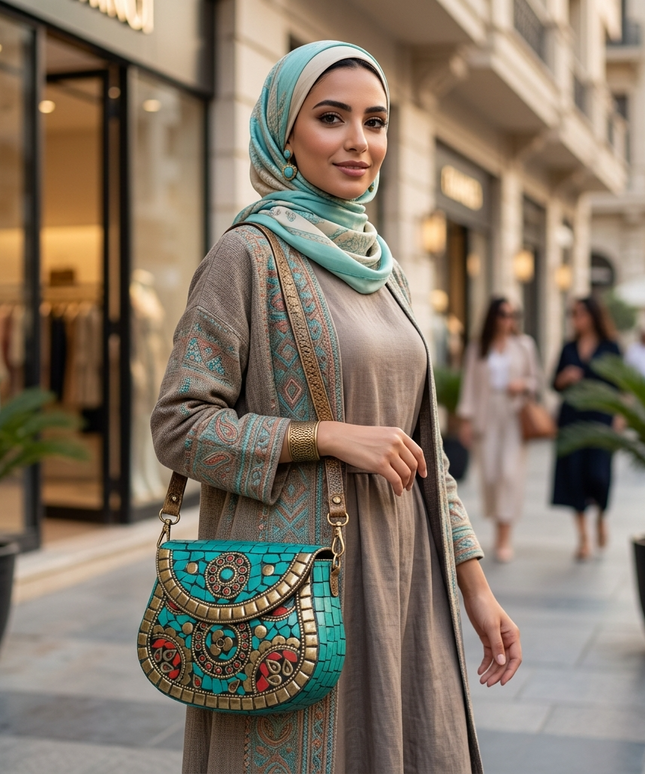 تفاصيل قريبة لشنطة فيروزة النيل السحرية - كلاتش موزاييك فرعوني بأحجار فيروز مصري طبيعي وتطعيمات ذهبية ثلاثية الأبعاد مع نقوش حلزونية وأحجار ياقوت حمراء على قاعدة مخملية خضراء - تحفة فنية يدوية من كنوز مصر
