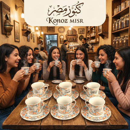 طقم فناجين قهوة "سحر الدواوين" بورسلين فاخر - المصرية الألمانية فتحي محمود - تحفة الخط العربي والزخارف الشرقية من كنوز مصر