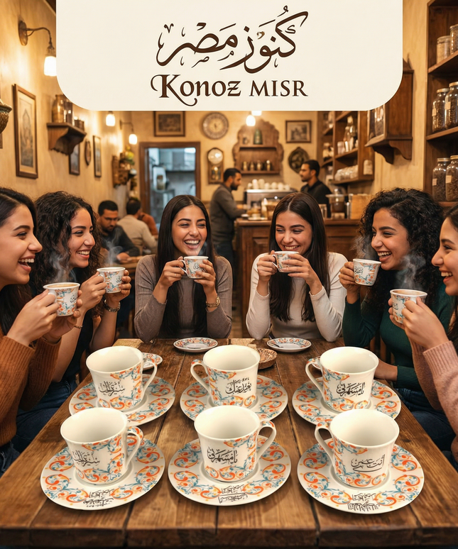 طقم فناجين قهوة "سحر الدواوين" بورسلين فاخر - المصرية الألمانية فتحي محمود - تحفة الخط العربي والزخارف الشرقية من كنوز مصر