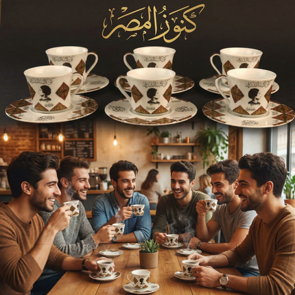 طقم فناجين قهوة "رونق الشرق" بورسلين فاخر - المصرية الألمانية فتحي محمود - تحفة تراثية أصيلة من كنوز مصر