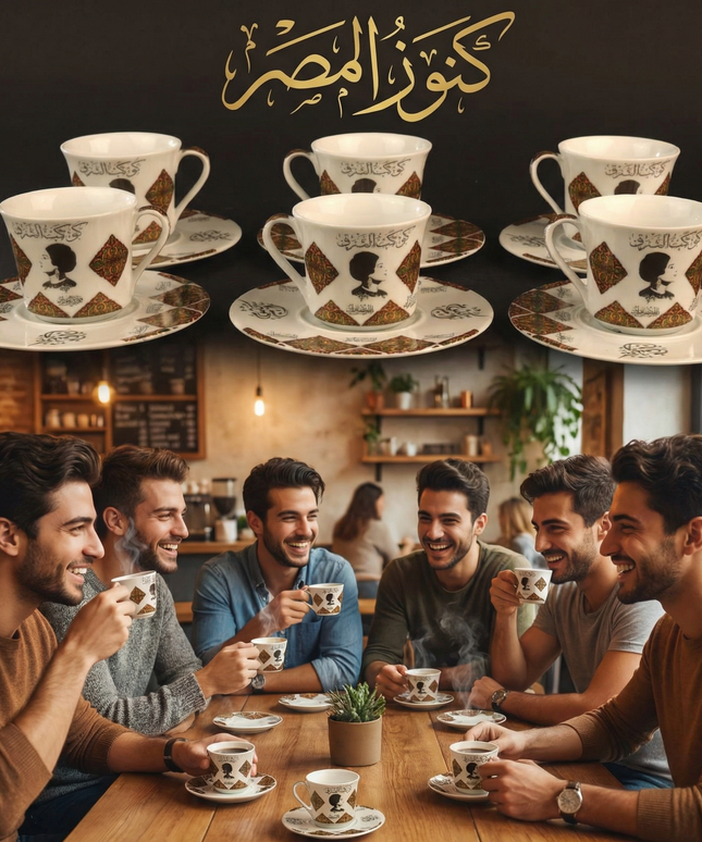 طقم فناجين قهوة "رونق الشرق" بورسلين فاخر - المصرية الألمانية فتحي محمود - تحفة تراثية أصيلة من كنوز مصر