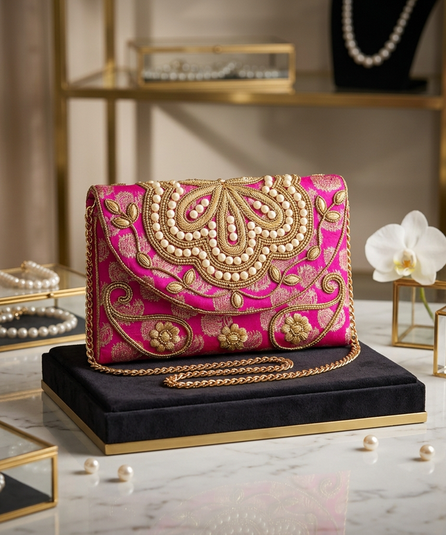  تفاصيل التطريز اليدوي الفاخر باللؤلؤ الأبيض والخرز الذهبي - شنطة كنوز بلقيس الفوشيا صناعة حرفيات مصريات
