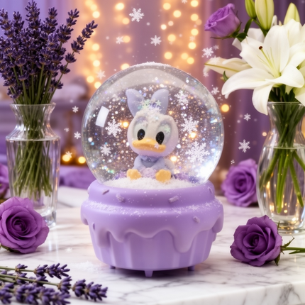 كرة ثلج صغيرة بتصميم كب كيك بنفسجي فاتح عليها شخصية ديزي داك (Daisy Duck) وهي في مرحلة الطفولة البيبي - ترتدي فيونكة صفراء كبيرة - قاعدة مصممة بشكل كريمة بيضاء سائلة بنفسجية - إضاءة LED بنفسجية ووردية ناعمة وموسيقى - هدية رقيقة للبنات وتكمل طقم الكابلز مع بطوط من كنوز مصر
