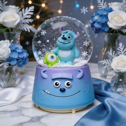 كرة ثلج سحرية تجمع شلبي سلوفان الأزرق ومارد وشوشني الأخضر (Sulley & Mike) من فيلم شركة المرعبين المحدودة Monsters Inc - داخل كرة زجاجية مع أجواء شتوية - قاعدة زرقاء/بنفسجية مصممة بشكل وجه شلبي المبتسم مع أذنين وفيونكة - محاطة بورود زرقاء وبيضاء وإضاءة ذهبية - ثلج أبيض كثيف - هدية مثالية للبيست فريند والأصدقاء المقربين - موسيقية ومضيئة من كنوز مصر
