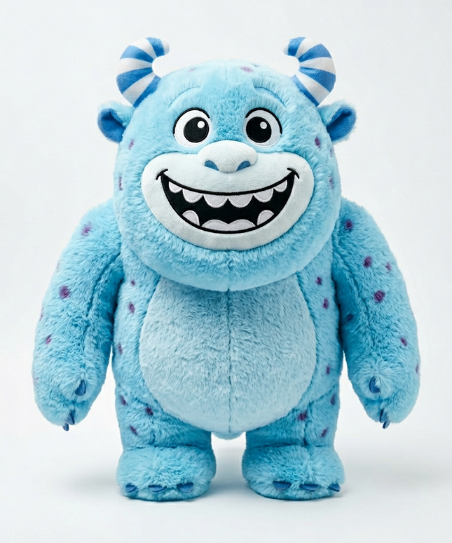 سالي الوحش الفروي من مجموعة أبطال العوالم الزرقاء - فرو صناعي فيروزي كثيف وناعم - بقع بنفسجية كبيرة مميزة - قرنان صغيران على الرأس - عيون كبيرة ودودة - ابتسامة لطيفة - جسم ممتلئ مثالي للعناق - وضعية الوقوف - خلفية بيضاء - دمية محشوة فاخرة - كنوز مصر
