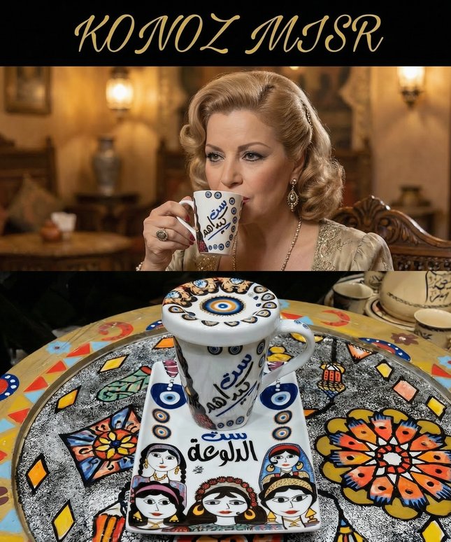 طقم الست الدلوعة من بورسلين فتحي محمود - أكواب كبيرة بغطاء وصواني تقديم بألوان زاهية مبهجة ورسومات عصرية من كنوز مصر
