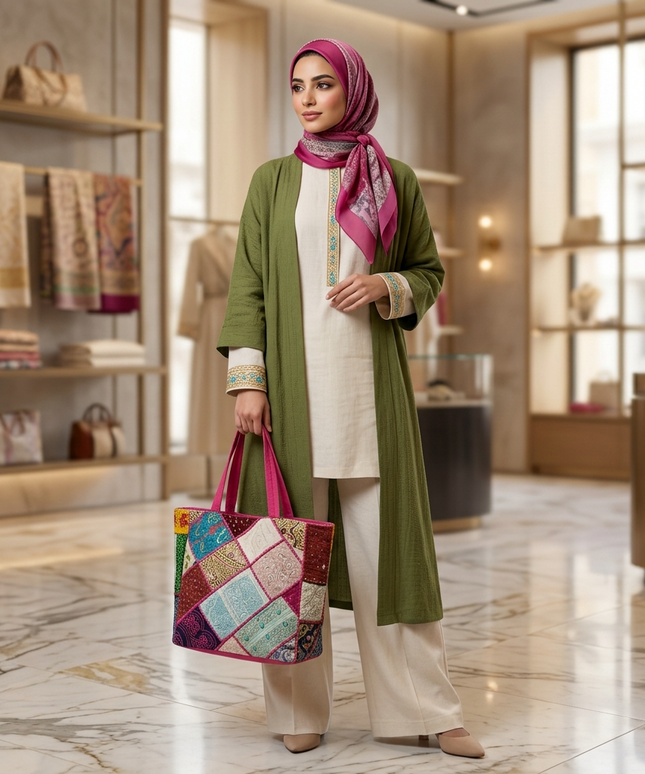 موديل محجبة عصرية ترتدي حجاب بنفسجي وكارديجان أخضر زيتوني طويل وتونيك أبيض وبنطلون بيج واسع تقف في متجر فاخر وتحمل شنطة فسيفساء البهجة - حقيبة توت كبيرة بتصميم باتشورك هندسي منتظم من 18-22 قطعة قماشية مطرزة يدوياً بأنماط مختلفة مرتبة في نمط فسيفسائي متوازن - ألوان متناغمة مبهجة: فوشيا وردي، تركواز أزرق، أخضر زمردي، بيج ذهبي، بنفسجي أرجواني - تطريز كثيف بخيوط Zari ذهبية وفضية وخرز ملون وترتر ناعم - حواف فوشيا قوية ويدان فوشيا مبطنة - سحاب علوي كامل - شنطة عملية ومبهجة للجامعة والعمل من كنوز مصر
