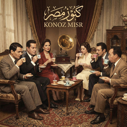 طقم فناجين ليالي الشرق بورسلين فاخر من فتحي محمود - زخارف عربية بألوان الأزرق والبرتقالي - كنوز مصر
