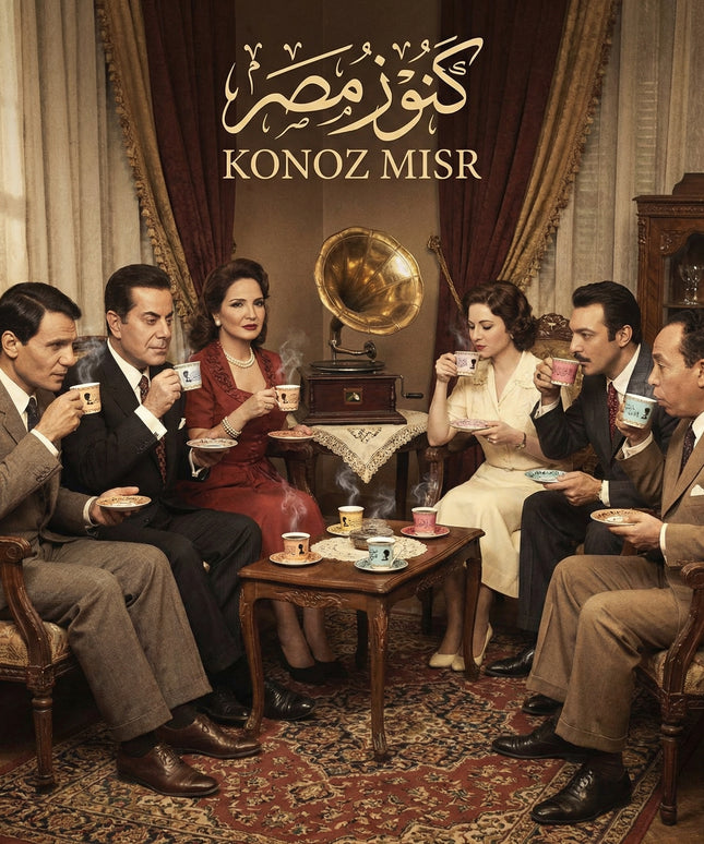 طقم فناجين ليالي الشرق بورسلين فاخر من فتحي محمود - زخارف عربية بألوان الأزرق والبرتقالي - كنوز مصر
