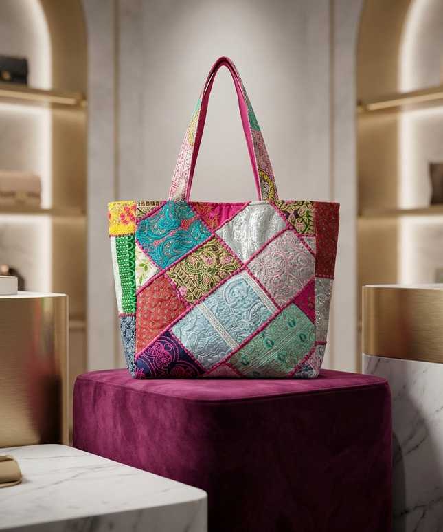 تفاصيل قريبة لشنطة موزاييك البهجة البوهيمية على قاعدة مخملية بنفسجية - توت كبيرة مصنوعة بتقنية الباتشورك اليدوي تظهر تفاصيل قماش البروكار الحرير المطرز بنقوش البيزلي والزهور التراثية بخمسة ألوان زاهية متناغمة مع خياطة يدوية ملونة ويد كتف مريحة باللون الفوشيا - تحفة فنية عملية للاستخدام اليومي من كنوز مصر
