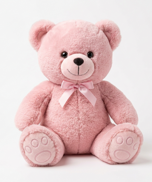 الدب الوردي الحالم من مجموعة أصدقاء الطفولة الدافئة - لون وردي ناعم هادئ يشع بالحنان - فيونكة ساتان وردية أنيقة على الرقبة - آثار أقدام مطرزة بدقة على الكفوف الكبيرة - وجه لطيف بعيون معبرة - قطيفة وردية مخملية فاخرة - حشوة قطن كثيفة - وضعية الجلوس - خلفية بيضاء - دمية محشوة مثالية للبنات - كنوز مصر
