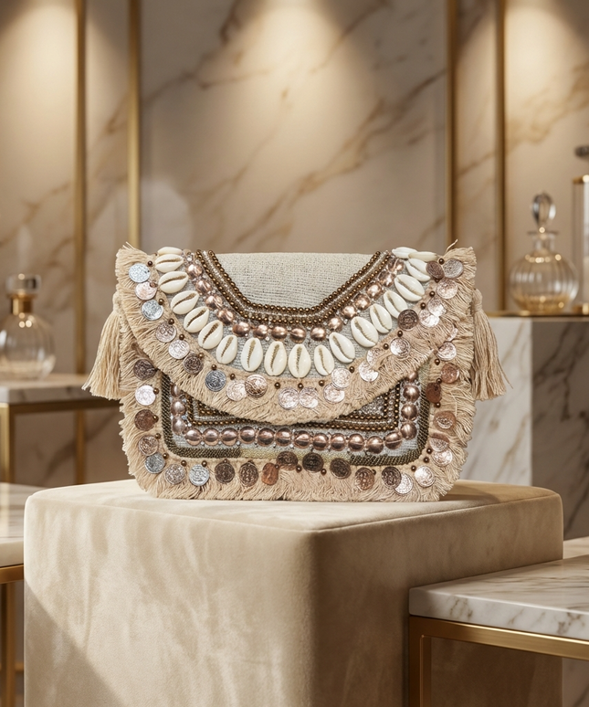 موديل محجبة أنيقة ترتدي عباية بيج فاخرة تحمل شنطة كنز الصدف الملكية في قاعة مرخمة - كلاتش تراثي بوهيمي بالصدف والعملات والشراشيب - حقيبة يد للأفراح والسهرات الصيفية من كنوز مصر
