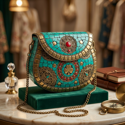 موديل محجبة أنيقة ترتدي عباية مطرزة بيج وشال فيروزي تحمل شنطة فيروزة النيل السحرية في شارع تسوق راقي - إطلالة نهارية أنيقة مع موزاييك فرعوني من كنوز مصر
