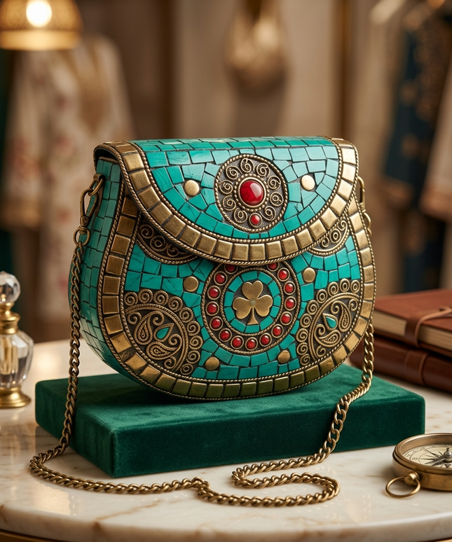 موديل محجبة أنيقة ترتدي عباية مطرزة بيج وشال فيروزي تحمل شنطة فيروزة النيل السحرية في شارع تسوق راقي - إطلالة نهارية أنيقة مع موزاييك فرعوني من كنوز مصر
