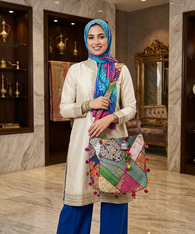 موديل محجبة أنيقة ترتدي حجاب ملون وتونيك بيج مطرز وبنطلون أزرق تقف في متجر فاخر وتحمل شنطة حديقة القصر على كتفها - حقيبة كروس بتصميم باتشورك تراثي من 15-20 قطعة قماش هندية أصيلة مطرزة بخيوط ذهبية وفضية مع مرايا Shisha لامعة ودائرة مركزية بزخارف بيزلي ملكية و20-25 شراشيب بوم بوم ملونة - شنطة عملية وفاخرة للجامعة والمناسبات من كنوز مصر
