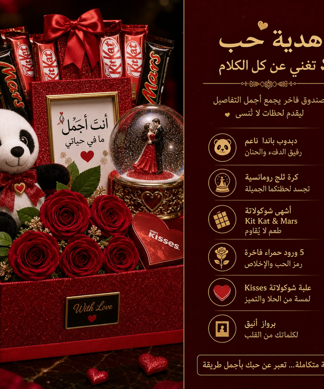صندوق هدايا أحمر لامع فاخر من كنوز مصر بعنوان With Love يحتوي على 7 قطع رومانسية متكاملة: دبدوب باندا أبيض وأسود ناعم بفيونكة حمراء وكرة ثلج زجاجية بقاعدة ذهبية تحمل مجسم زوجين يتراقصان وتشكيلة شوكولاتة KitKat وMars الأصلية منسقة كبوكيه و5 وردات حمراء فاخرة وعلبة Hershey's Kisses الأيقونية وبرواز أحمر ذهبي بكلمات من القلب وميدالية معدنية لامعة بحرف A

