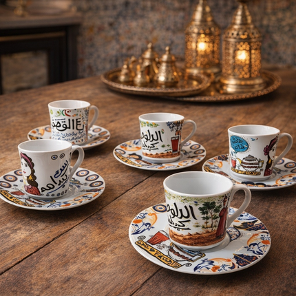 طقم فناجين قهوة "حكايات مصر" بورسلين فاخر - المصرية الألمانية فتحي محمود - تراث شعبي أصيل من كنوز مصر