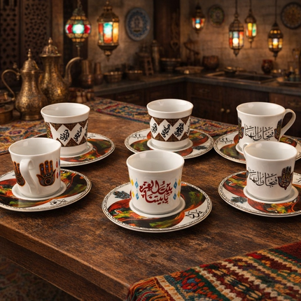 طقم شاي وقهوة "التراث الأصيل" بورسلين فاخر - المصرية الألمانية فتحي محمود - نقوش عربية كلاسيكية من كنوز مصر