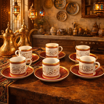 طقم فناجين قهوة "السلطانة" بورسلين فاخر - المصرية الألمانية فتحي محمود - فخامة الخط العربي من كنوز مصر