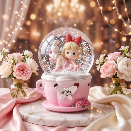 كرة ثلج سحرية Precious Moments من مجموعة حكايات الأحلام - فتاة رقيقة بشعر أشقر وفستان وردي تحمل أرنباً أبيض داخل كرة زجاجية كريستالية - قاعدة فنجان شاي وردي مزين بوردتين وفراشة بيضاء - محاطة بورود طبيعية وأضواء ذهبية دافئة - نثريات ثلجية لامعة - إضاءة LED ملونة وموسيقى كلاسيكية - منحوتة يدوياً بتفاصيل دقيقة - هدية رومانسية للبنات - من كنوز مصر
