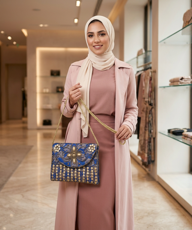 شنطة كنوز نفرتاري الملكية كلاتش سهرة مطرز يدوياً بالخرز الأزرق والذهبي - صناعة يدوية مصرية حصرية من كنوز مصر
