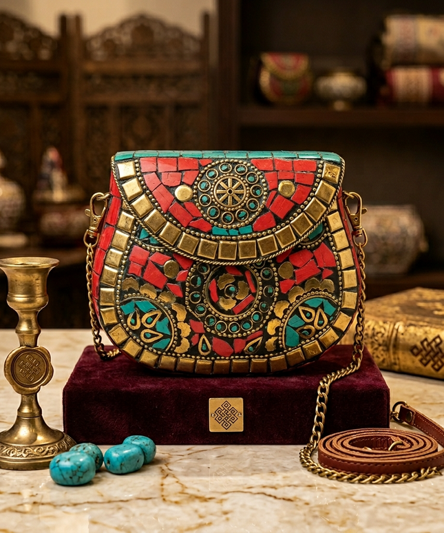 تفاصيل قريبة لشنطة كنز الفراعنة متعدد الألوان - كلاتش موزاييك فرعوني بأكثر من 450 قطعة ملونة وأحجار فيروزية مصرية مع حزام جلد وسلسلة ذهبية على قاعدة مخملية - صناعة يدوية نادرة من كنوز مصر
