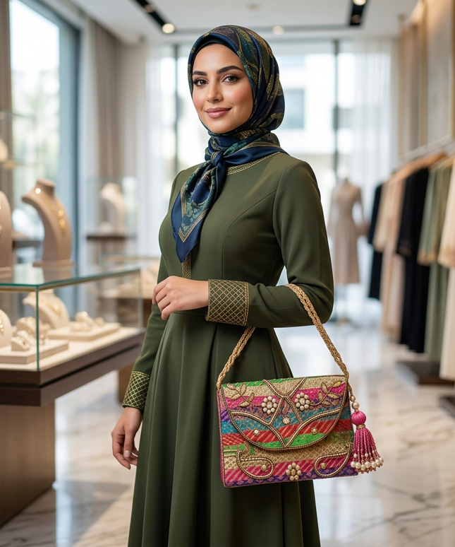 موديل محجبة أنيقة في متجر فاخر تحمل شنطة حديقة الألوان الساحرة - كلاتش مطرز يدوياً بأربعة ألوان ملكية (فوشيا أخضر أزرق ذهبي) بتطريز Zardozi فاخر ولؤلؤ كريستالي ونقوش بيزلي وزهور ثلاثية الأبعاد مع شرابة حريرية وردية وسلسلة ذهبية مجدولة - تحفة فنية للسهرات والأفراح من كنوز مصر
