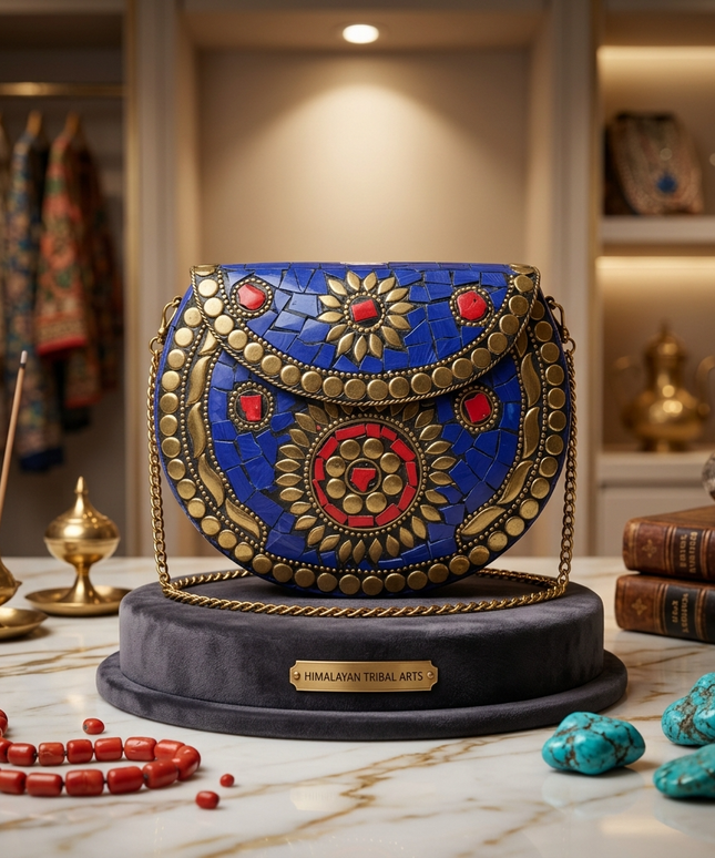 مقارنة حجم شنطة لؤلؤة النيل الزرقاء مع الموبايل والمحفظة - تتسع لجميع الأساسيات بحجم عملي مثالي من كنوز مصر
