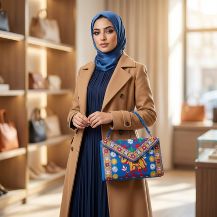 شنطة سحر البوهيمية على قاعدة مخملية زرقاء داكنة في متجر فاخر - كلاتش بتصميم Envelope مصنوع من قماش أزرق ملكي مطرز يدوياً بمئات من حبات الخرز الملونة والمرايات الصغيرة بزخارف شعبية هندية تقليدية تتضمن فيل هندي ملون محاط بورود وزهور متناثرة مع حواف مزخرفة بنقوش هندسية ويد حبل مجدول أزرق - تحفة شعبية للمناسبات والإطلالات البوهيمية من كنوز مصر
