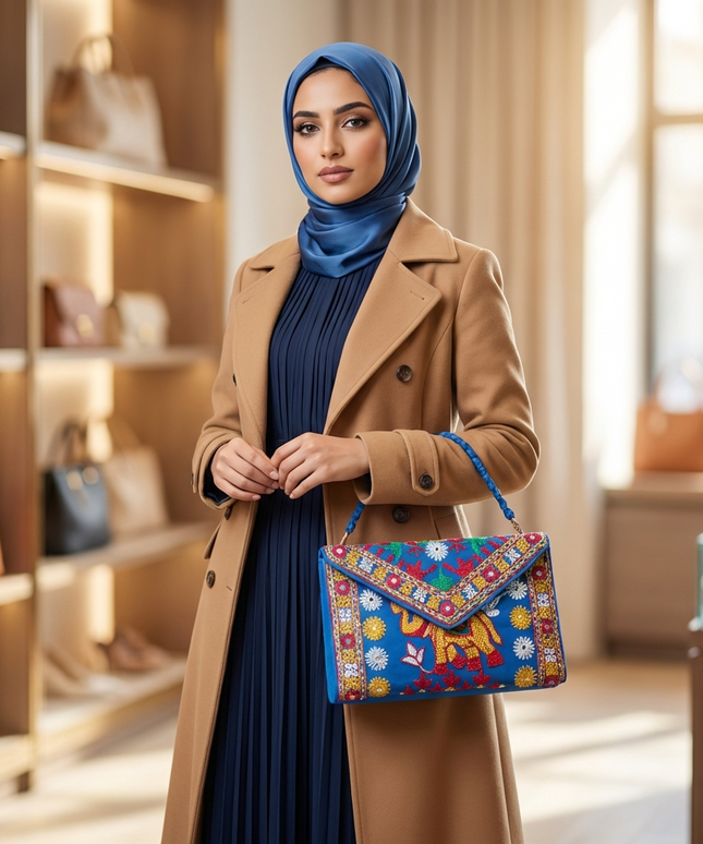 شنطة سحر البوهيمية على قاعدة مخملية زرقاء داكنة في متجر فاخر - كلاتش بتصميم Envelope مصنوع من قماش أزرق ملكي مطرز يدوياً بمئات من حبات الخرز الملونة والمرايات الصغيرة بزخارف شعبية هندية تقليدية تتضمن فيل هندي ملون محاط بورود وزهور متناثرة مع حواف مزخرفة بنقوش هندسية ويد حبل مجدول أزرق - تحفة شعبية للمناسبات والإطلالات البوهيمية من كنوز مصر
