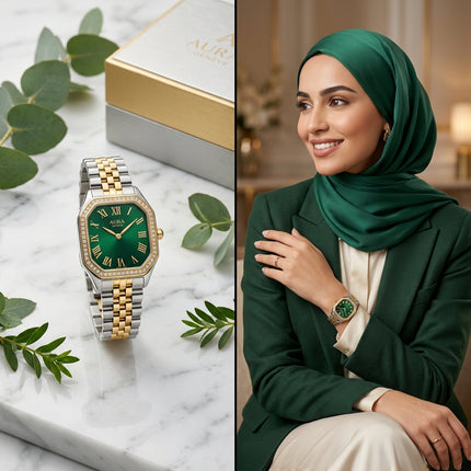 "ساعة نسائية Amalfi Gold ذهبية 24K خالص مستطيلة أنيقة 32×40 ملم مع سوار خمس صفوف منسوج وأرقام رومانية ذهبية حركة كوارتز سويسري دقيق وزجاج ياقوت مقبب من كنوز مصر"