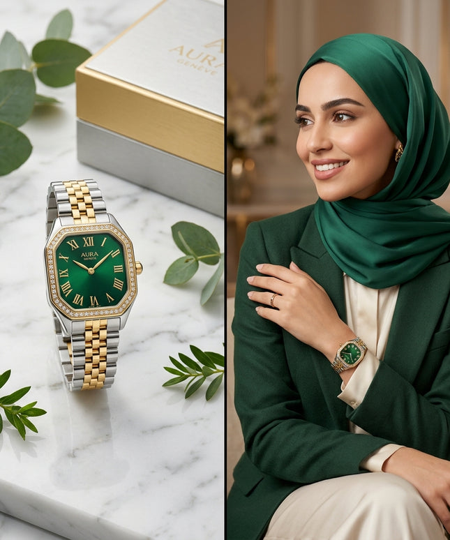 "ساعة نسائية Amalfi Gold ذهبية 24K خالص مستطيلة أنيقة 32×40 ملم مع سوار خمس صفوف منسوج وأرقام رومانية ذهبية حركة كوارتز سويسري دقيق وزجاج ياقوت مقبب من كنوز مصر"