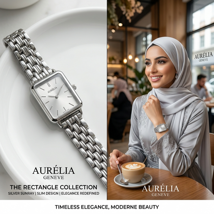  "ساعة نسائية Aurélia Rectangle ستيل 316L فضي عصري مستطيل 35×42 ملم مع سوار شطرنج منسوج دقيق وخطوط أفقية ناعمة حركة كوارتز سويسري من كنوز مصر"
