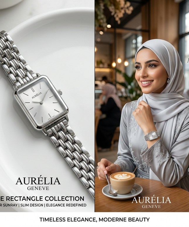  "ساعة نسائية Aurélia Rectangle ستيل 316L فضي عصري مستطيل 35×42 ملم مع سوار شطرنج منسوج دقيق وخطوط أفقية ناعمة حركة كوارتز سويسري من كنوز مصر"
